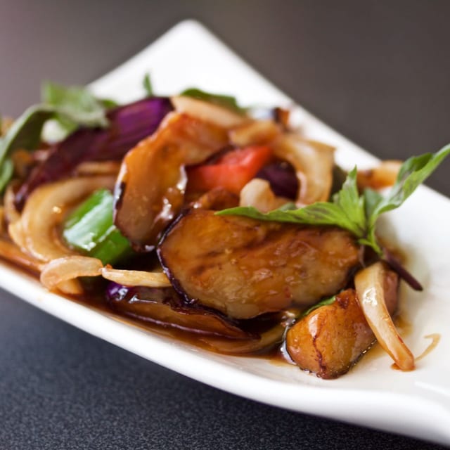 Basil Chicken with Chinese Eggplant in Garlic Sauce.